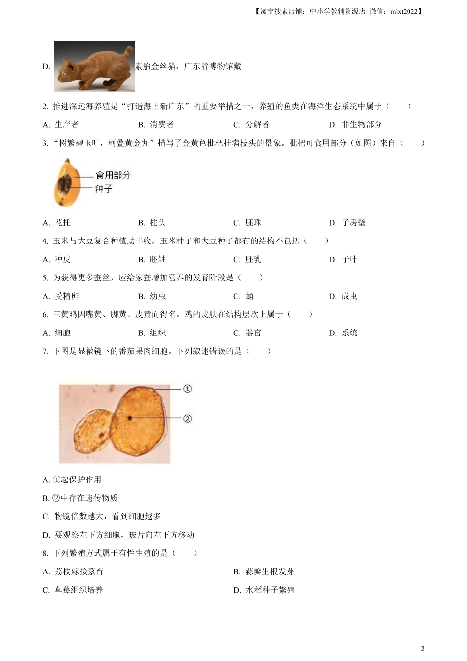 精品解析：2024年广东省中考生物真题（原卷版）.pdf_第2页