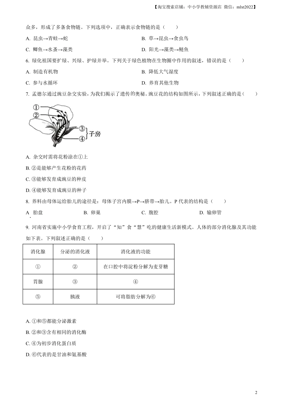 精品解析：2024年河南省中考生物真题（原卷版）.pdf_第2页