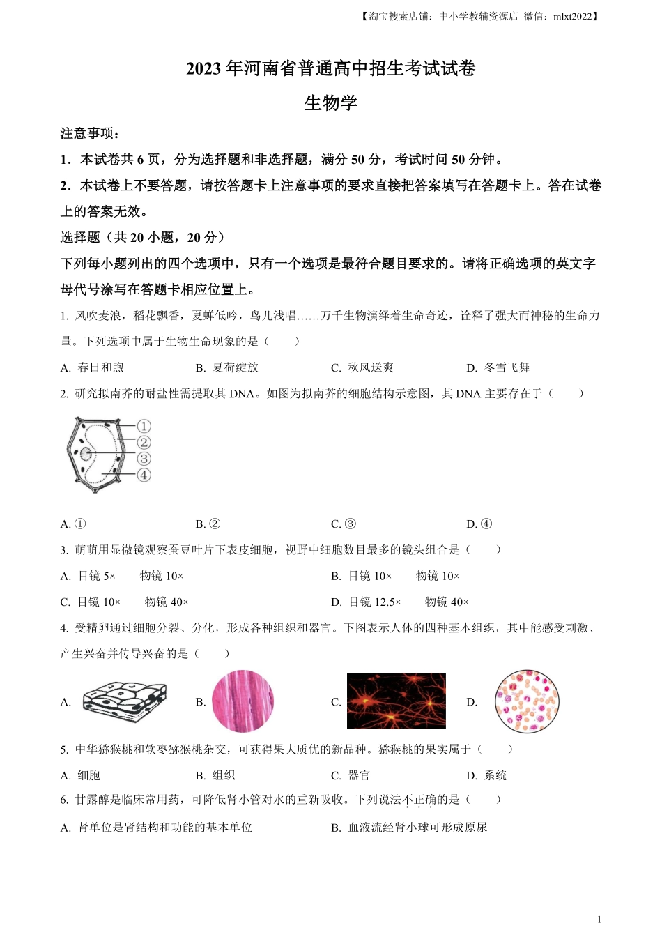 精品解析：2023年河南省中考生物真题（原卷版）.pdf_第1页