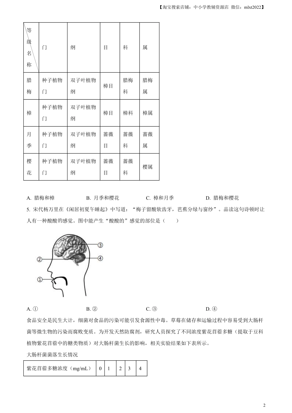 精品解析：2024年湖北省中考生物真题（原卷版）.pdf_第2页