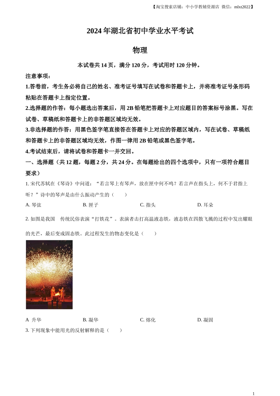精品解析：2024年湖北省中考物理试题（原卷版）.docx_第1页