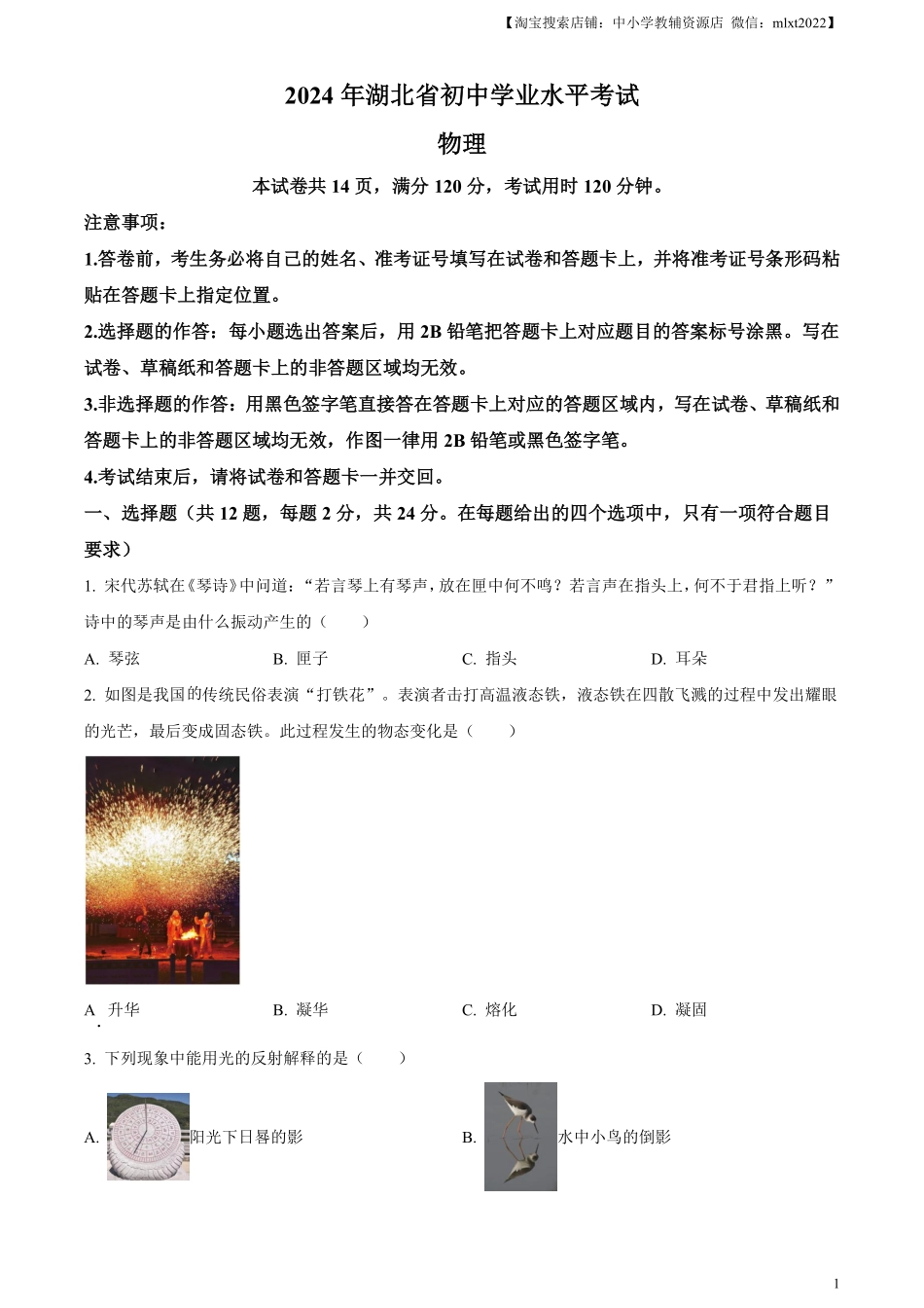 精品解析：2024年湖北省中考物理试题（原卷版）.pdf_第1页
