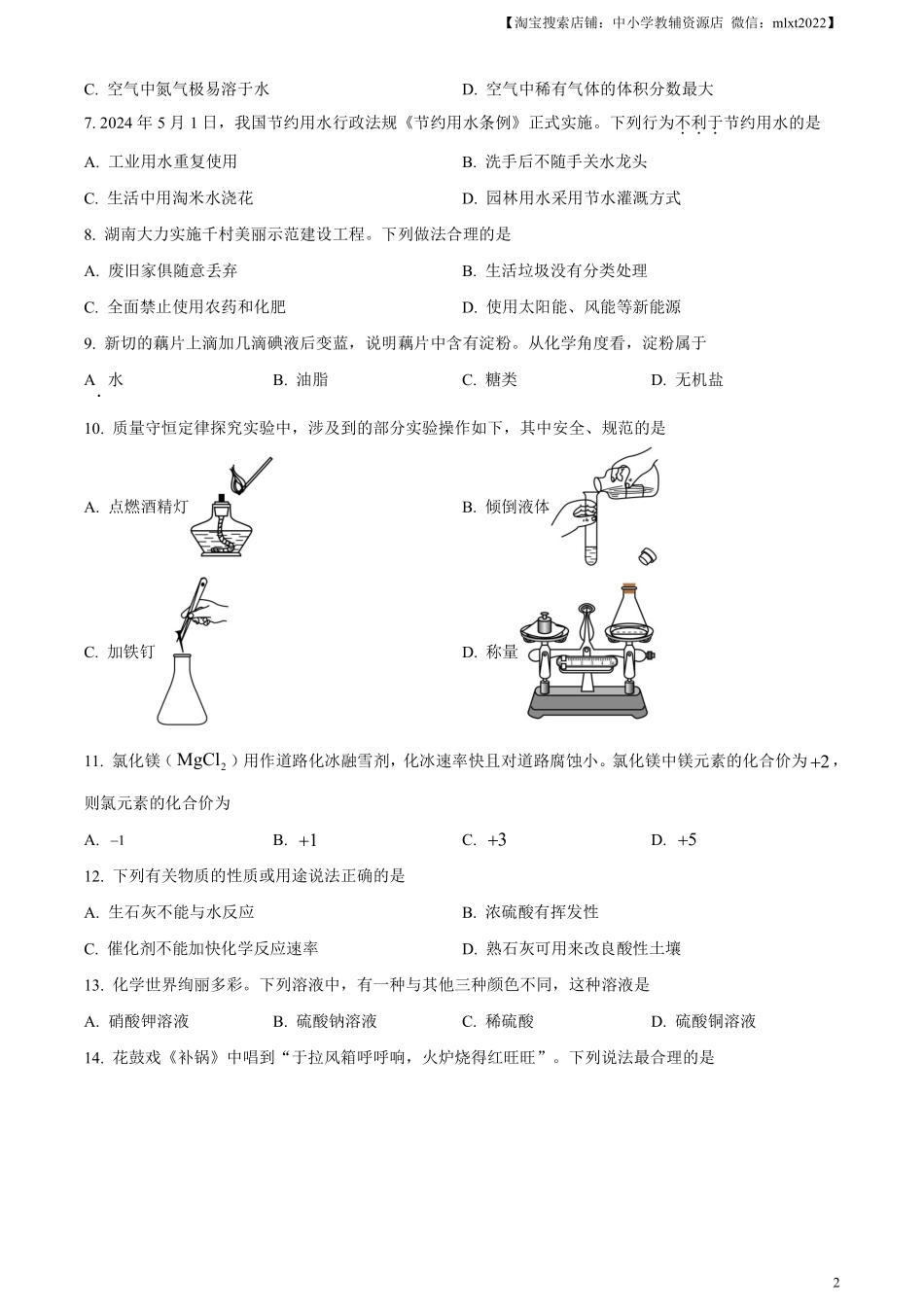 精品解析：2024年湖南省中考化学试题（原卷版）.pdf_第2页