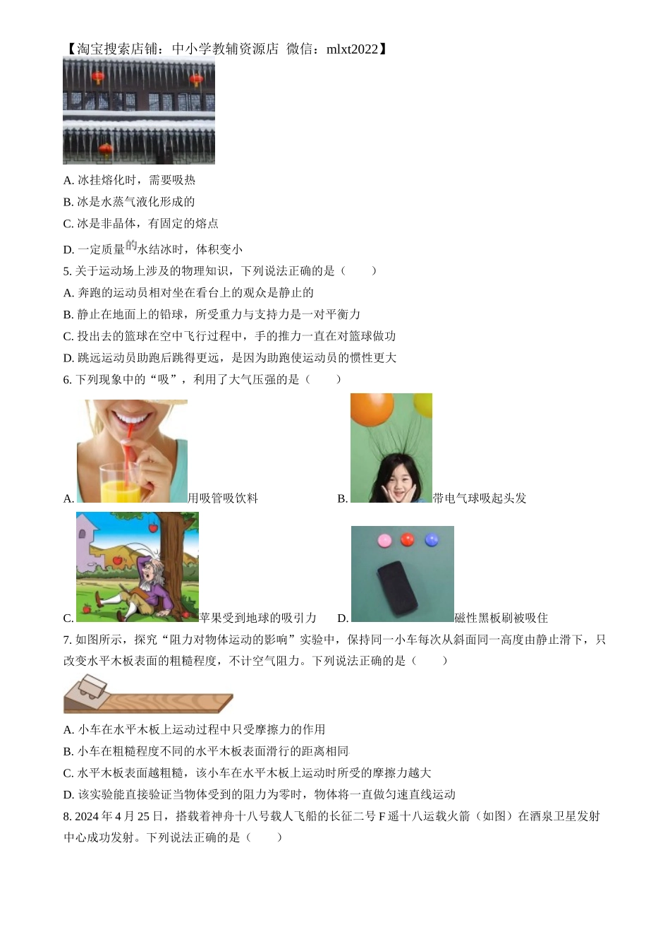 精品解析：2024年湖南省中考物理真题（原卷版）.docx_第2页