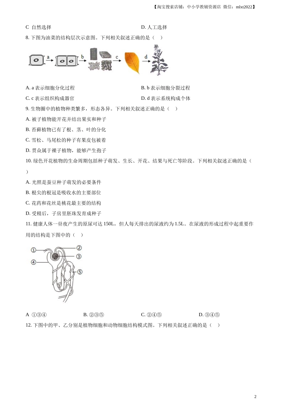 精品解析：2024年江苏省连云港市中考生物和地理真题　-初中生物学（原卷版）.docx_第2页