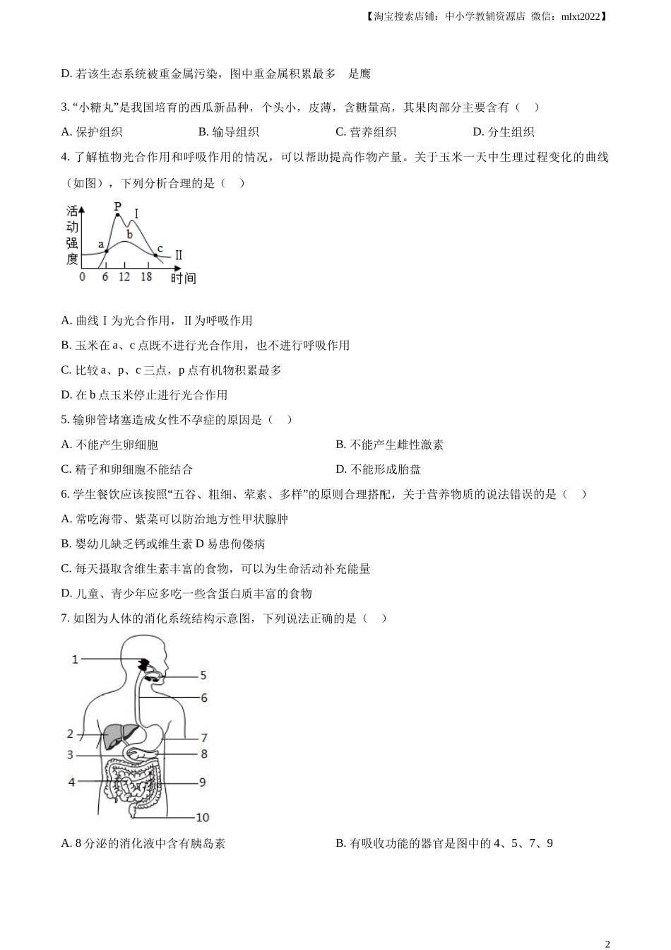 精品解析：2024年山东省聊城市中考生物试题（原卷版）.docx_第2页