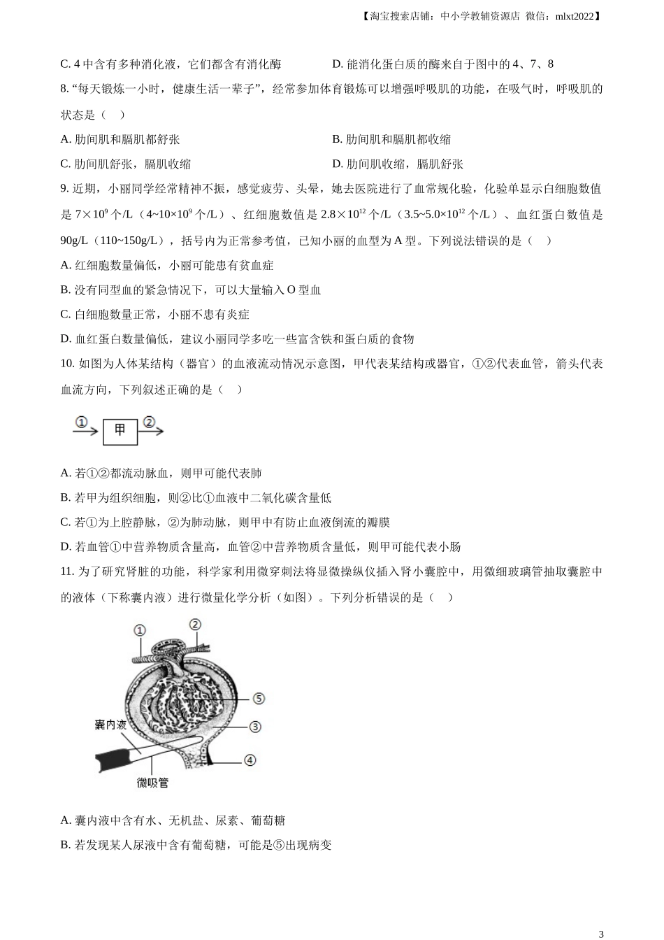 精品解析：2024年山东省聊城市中考生物试题（原卷版）.docx_第3页