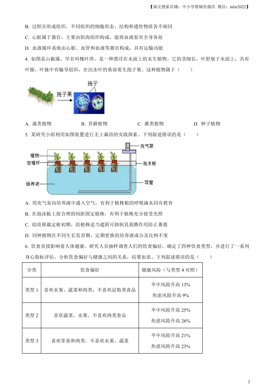 精品解析：2024年山东省泰安市中考生物真题（原卷版）.pdf_第2页