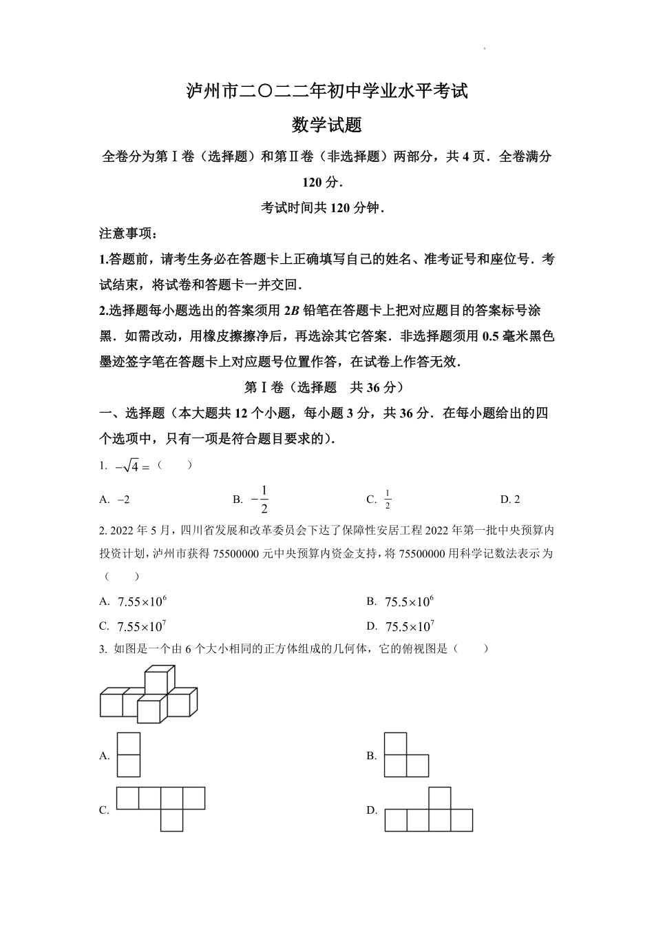 精品解析：2022年四川省泸州市中考数学真题（原卷版）.pdf_第1页