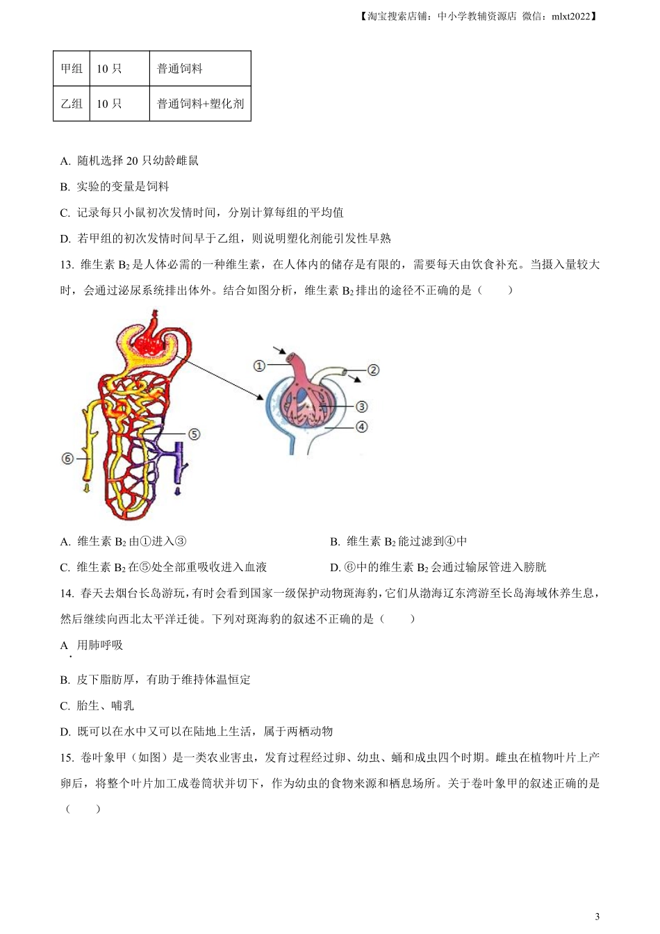 精品解析：2024年山东省烟台市中考生物试题（原卷版）.pdf_第3页
