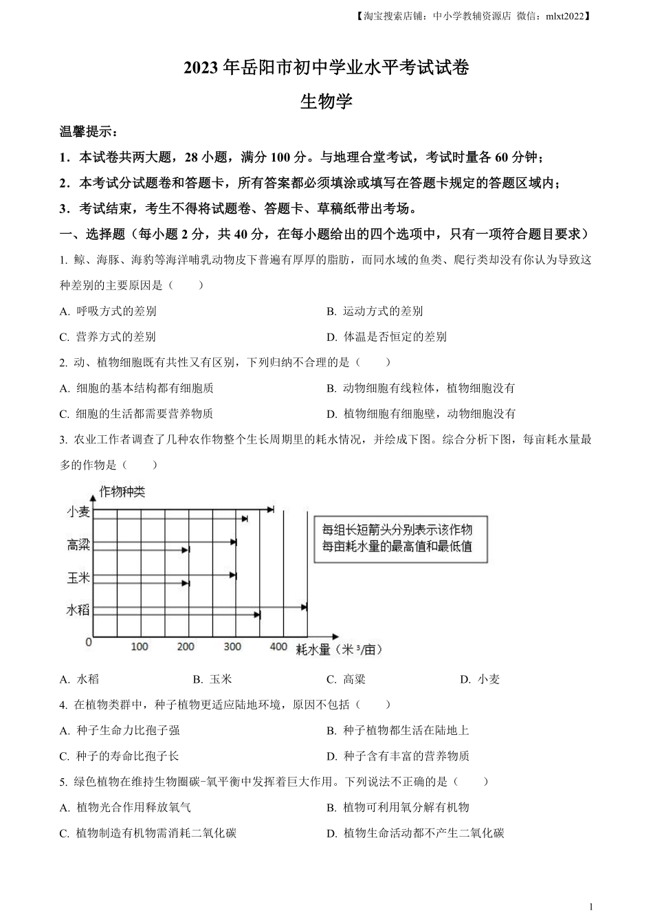 精品解析：2023年湖南省岳阳市中考生物真题（原卷版）(1).pdf_第1页