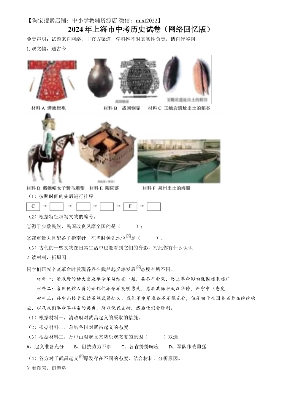 精品解析：2024年上海市中考历史试题（网络回忆版）（原卷版）.pdf_第1页