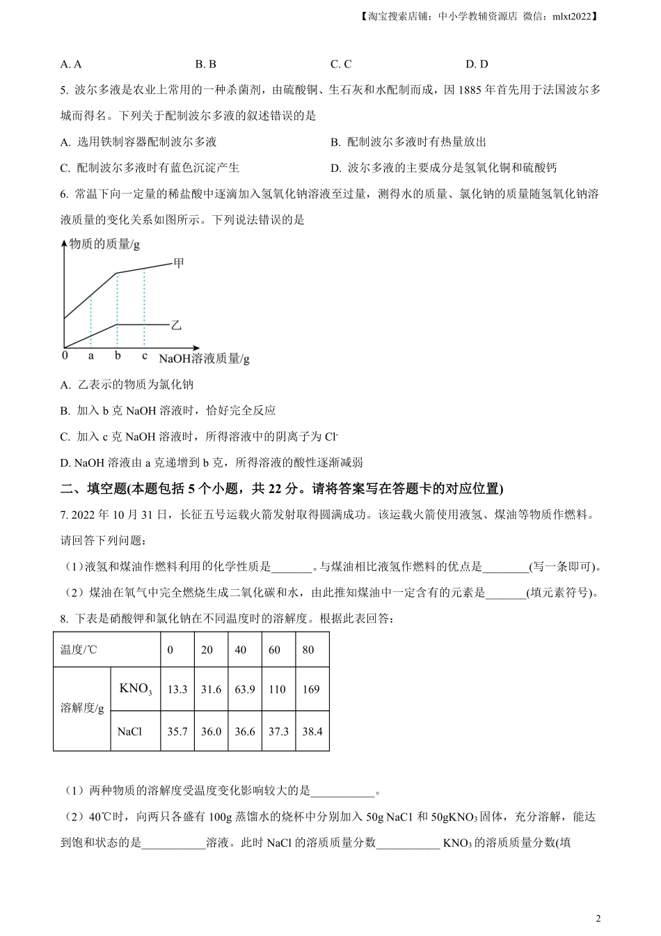精品解析：2023年内蒙古包头市中考化学真题（原卷版）.pdf_第2页