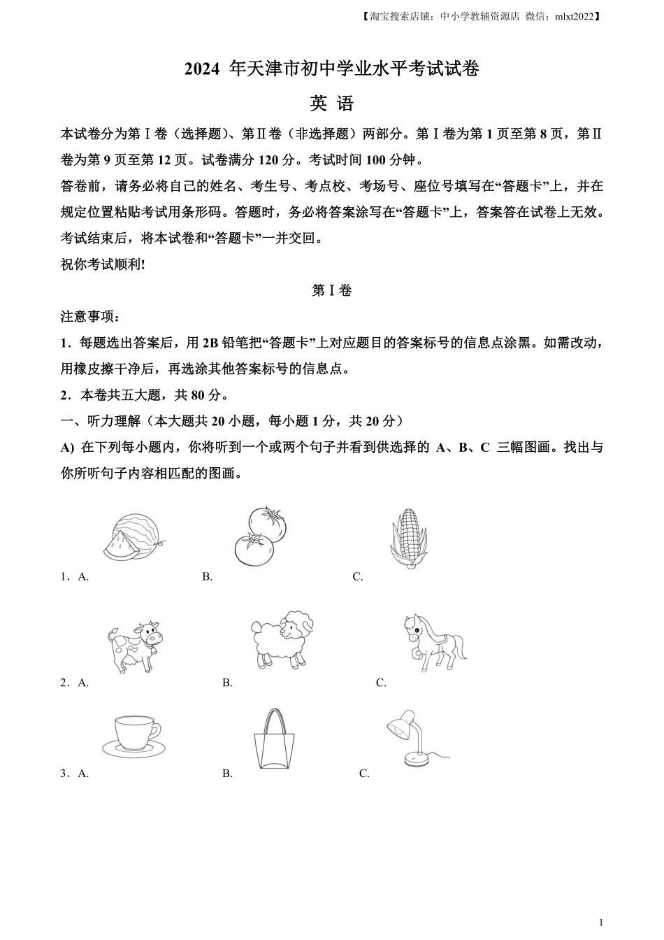 精品解析：2024年天津市中考英语真题（解析版）.pdf_第1页