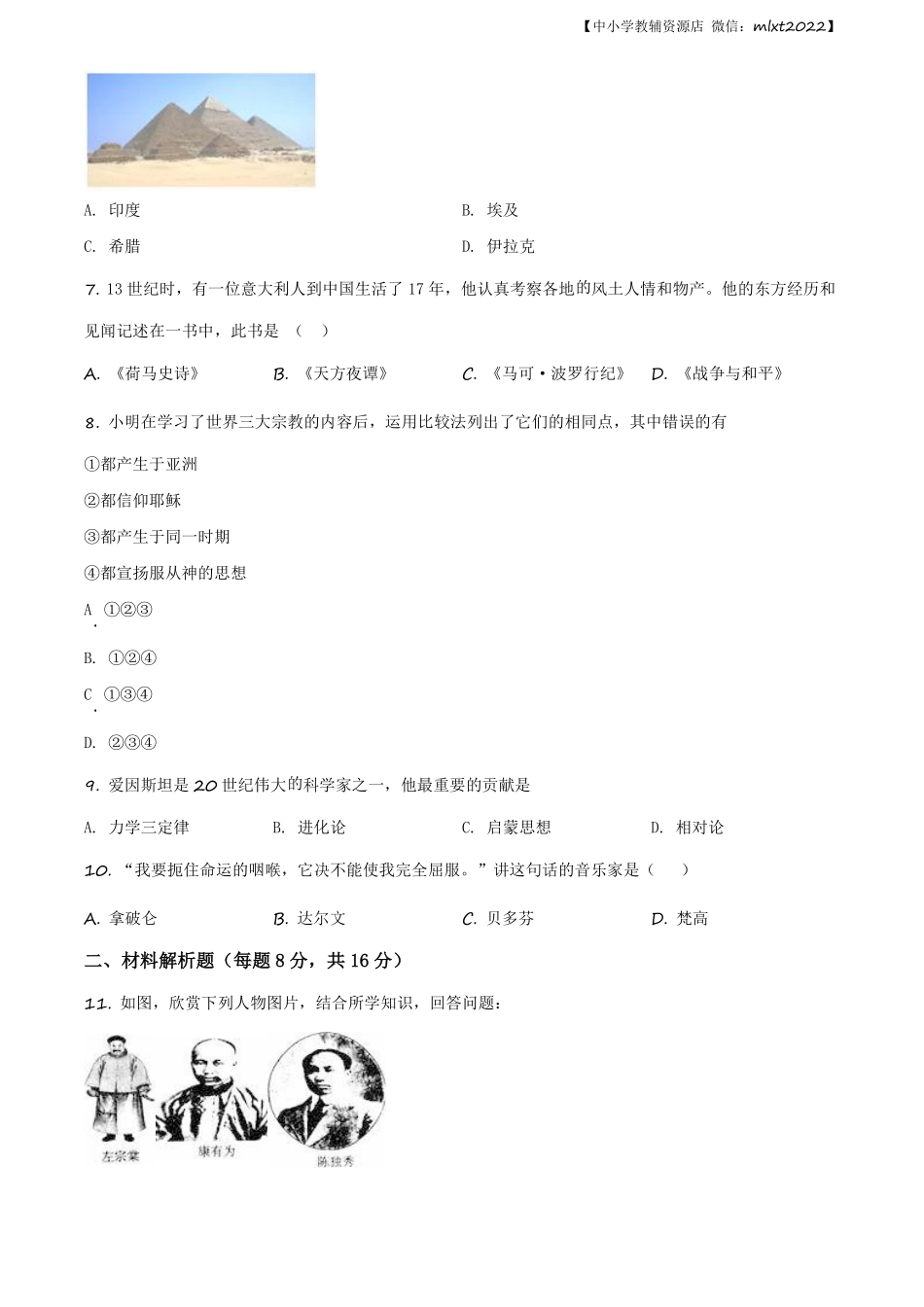 精品解析：广西自治区河池市2020年中考历史试题（原卷版）.pdf_第2页