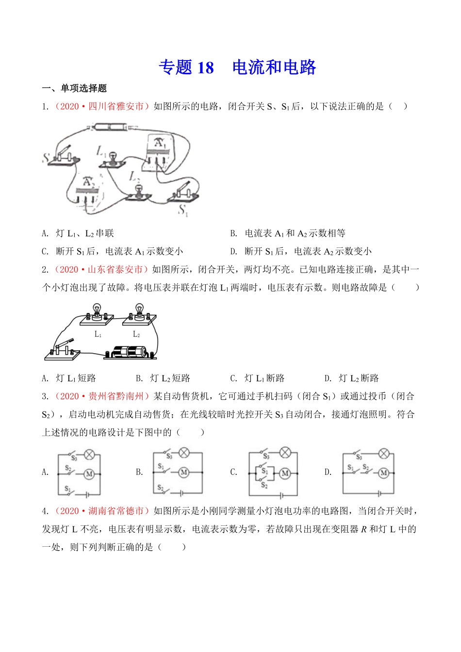 专题17  电流和电路（原卷版）.pdf_第1页