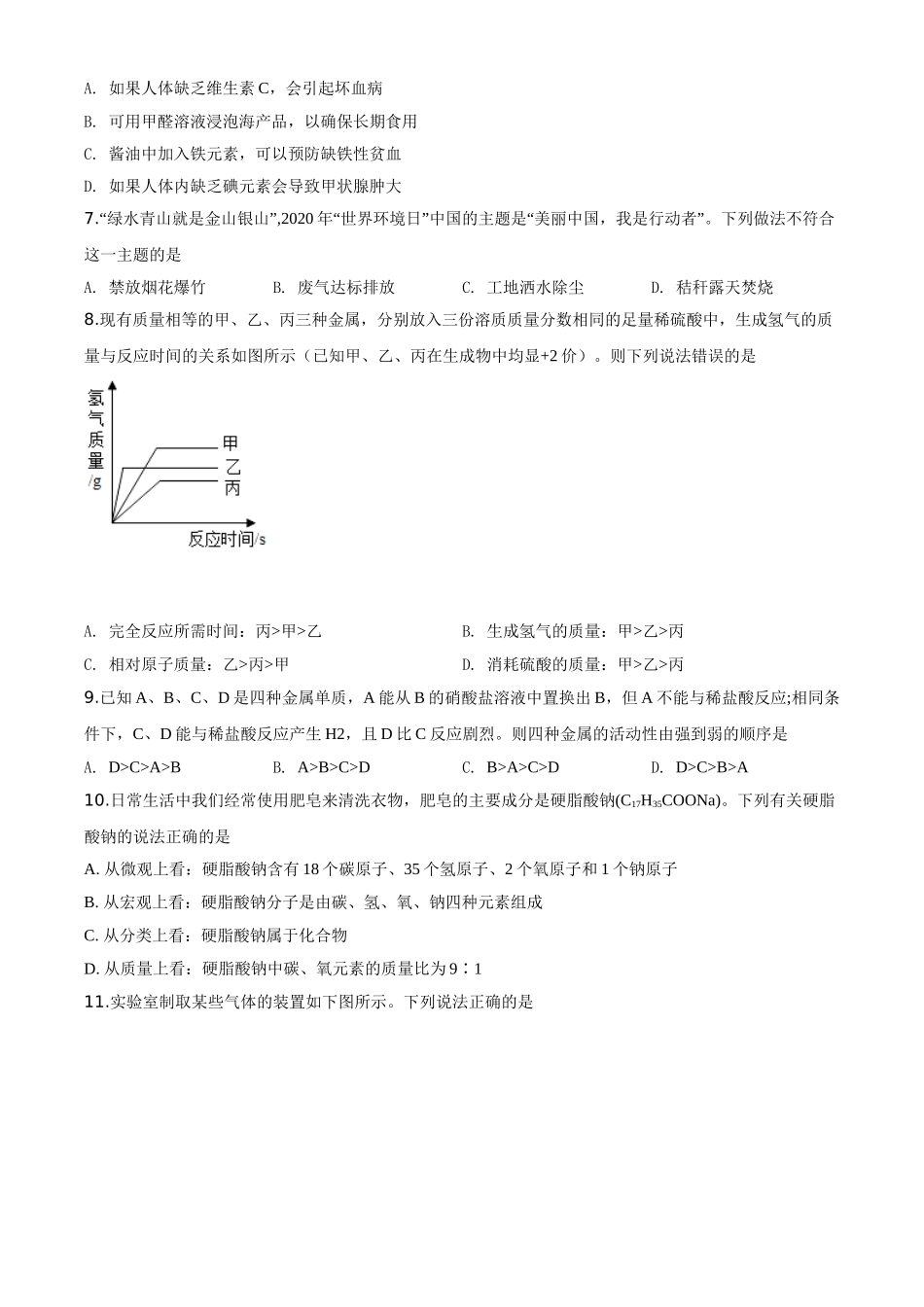精品解析：山东省滨州市2020年中考化学试题（原卷版）.doc_第2页