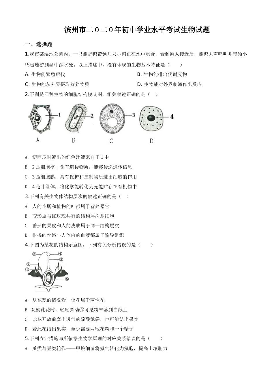 精品解析：山东省滨州市2020年中考生物试题（原卷版）.doc_第1页