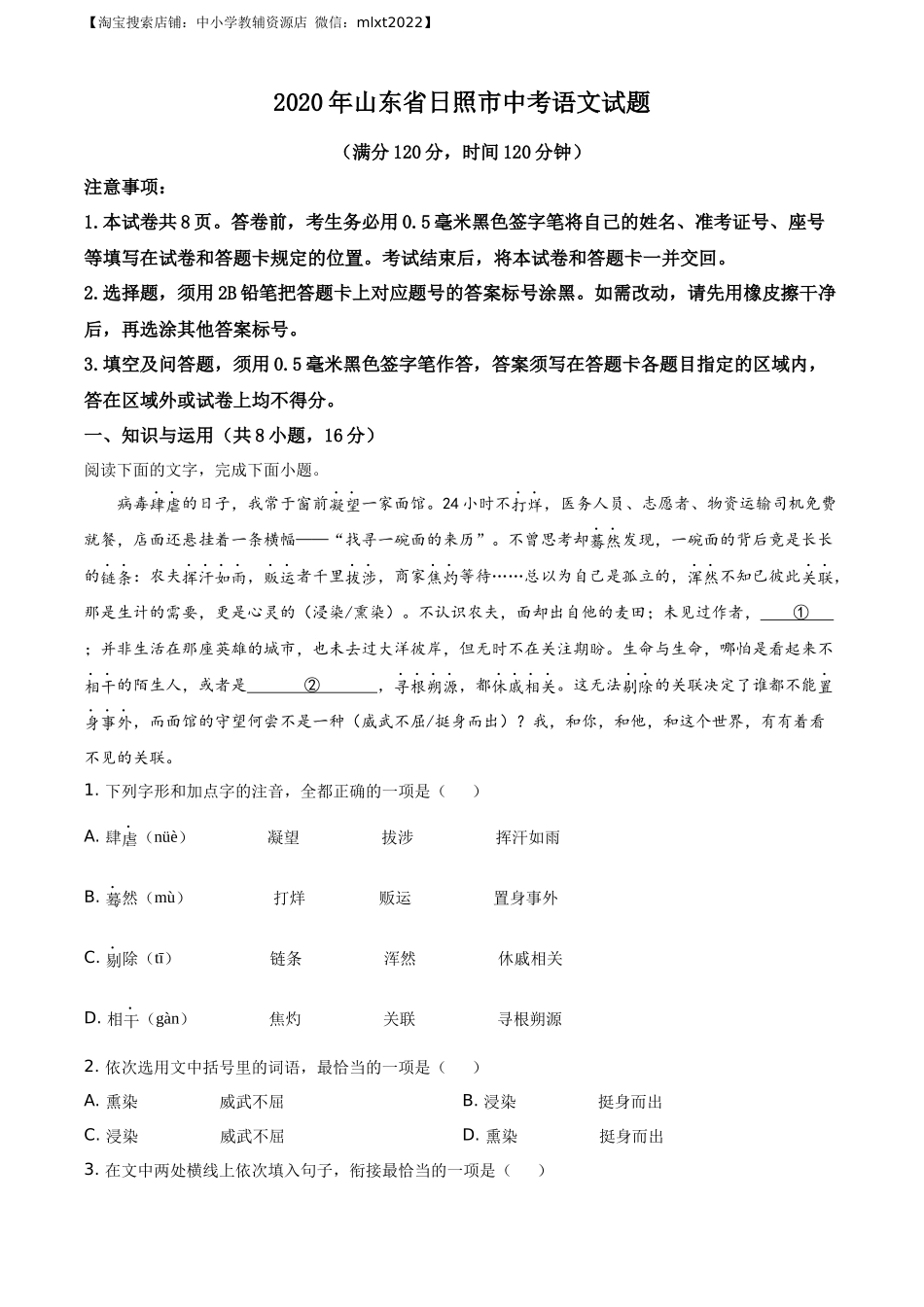 精品解析：山东省日照市2020年中考语文试题（解析版）.docx_第1页