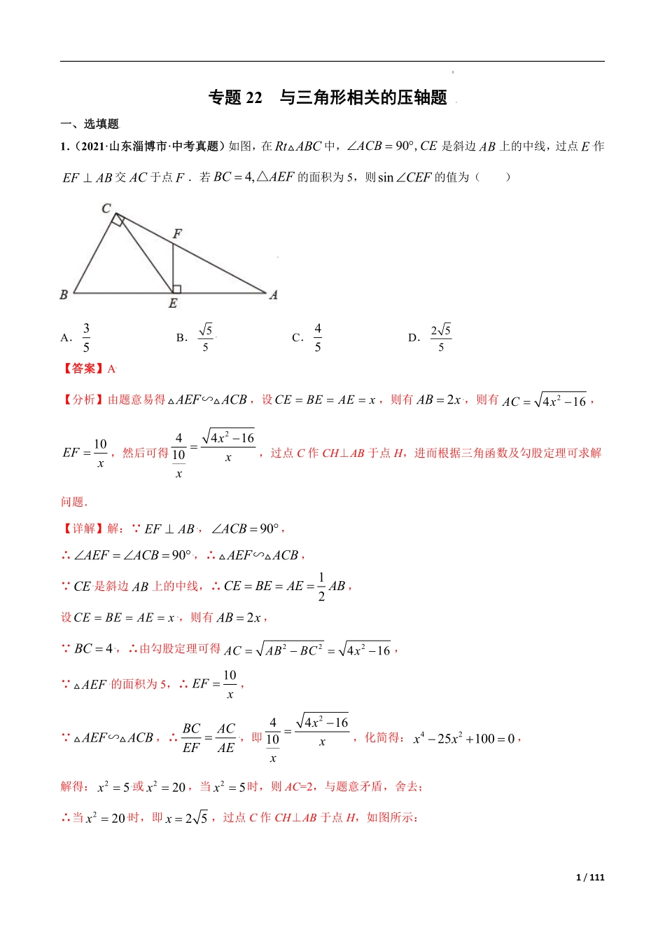 专题22 与三角形相关的压轴题-三年（2019-2021）中考真题数学分项汇编（全国通用）（解析版）.pdf_第1页