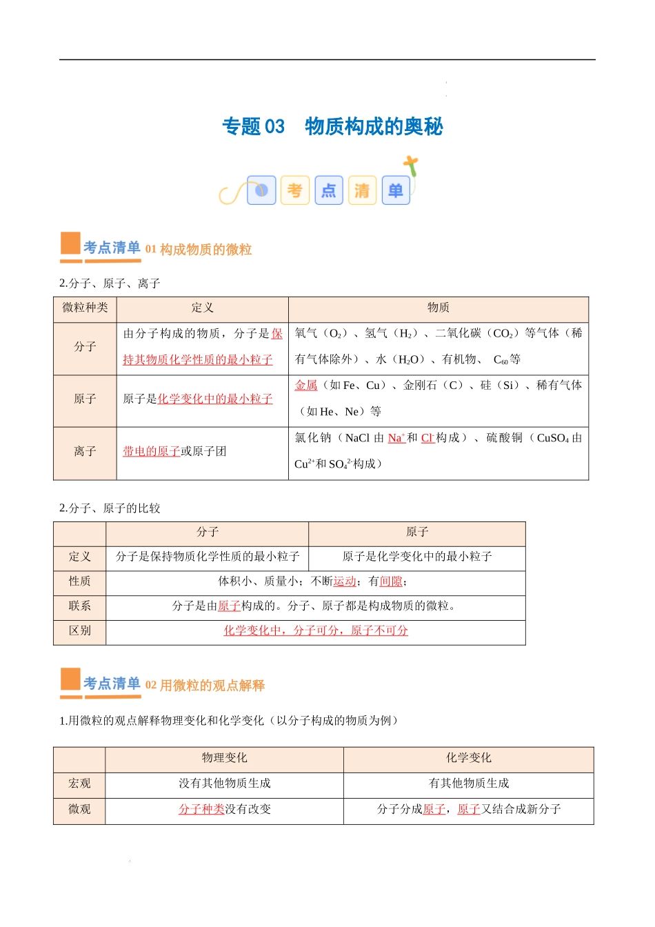 专题03 物质构成的奥秘【考点清单】-2023-2024学年化学九年级上册期中考点大串讲（人教版）（解析版）.docx_第1页