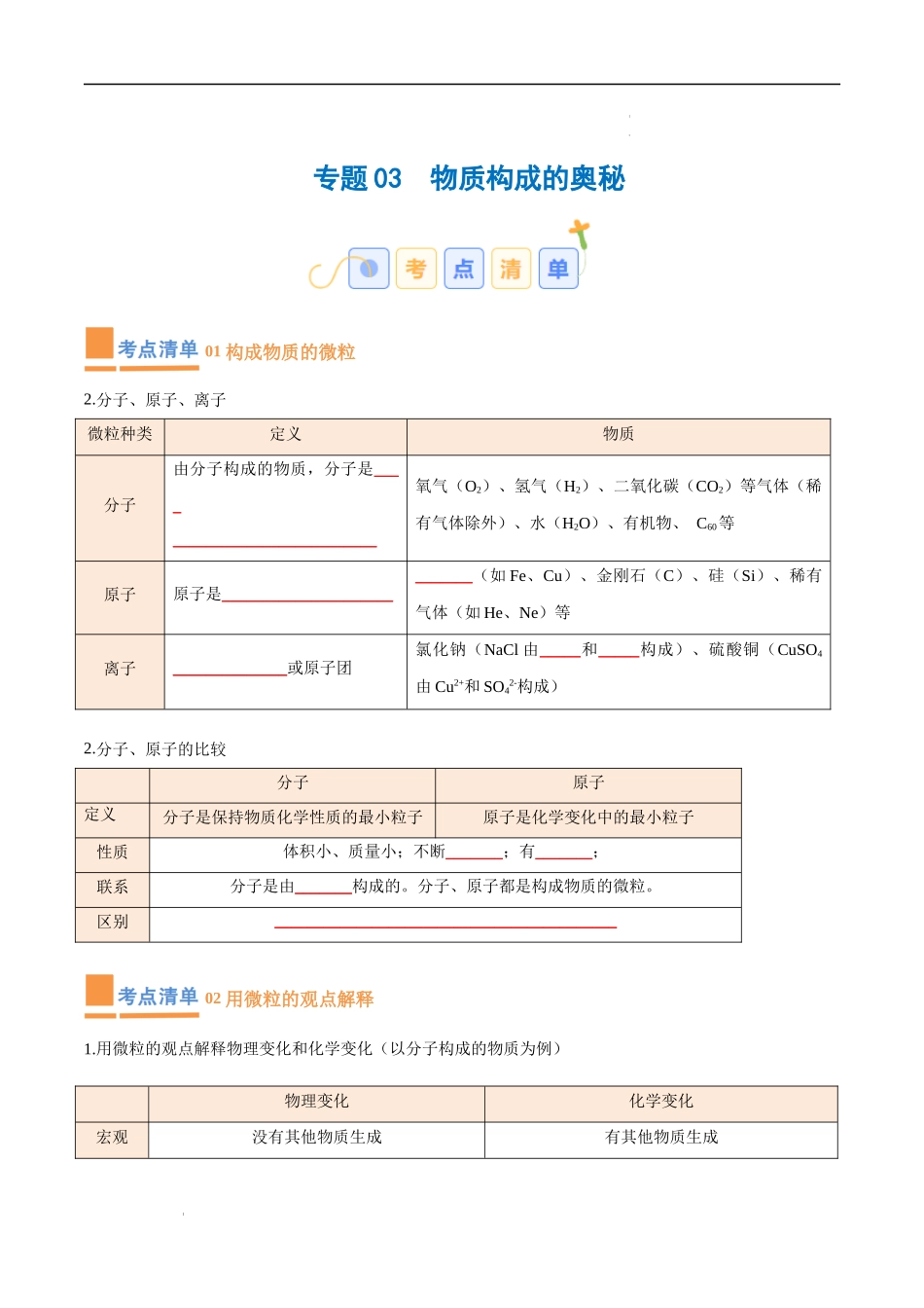 专题03 物质构成的奥秘【考点清单】-2023-2024学年化学九年级上册期中考点大串讲（人教版）（原卷版）.docx_第1页