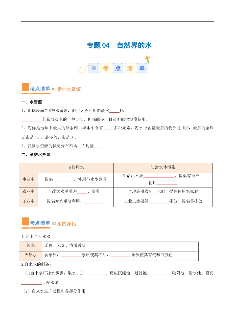 专题04 自然界的水【考点清单】-2023-2024学年化学九年级上册期中考点大串讲（人教版）（原卷版）.docx_第1页