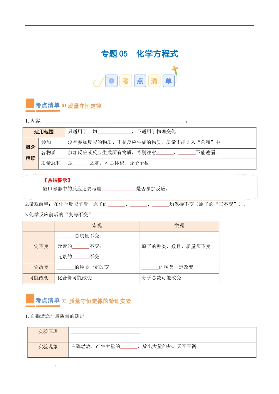 专题05 化学方程式【考点清单】-2023-2024学年化学九年级上册期中考点大串讲（人教版）（原卷版）.docx_第1页