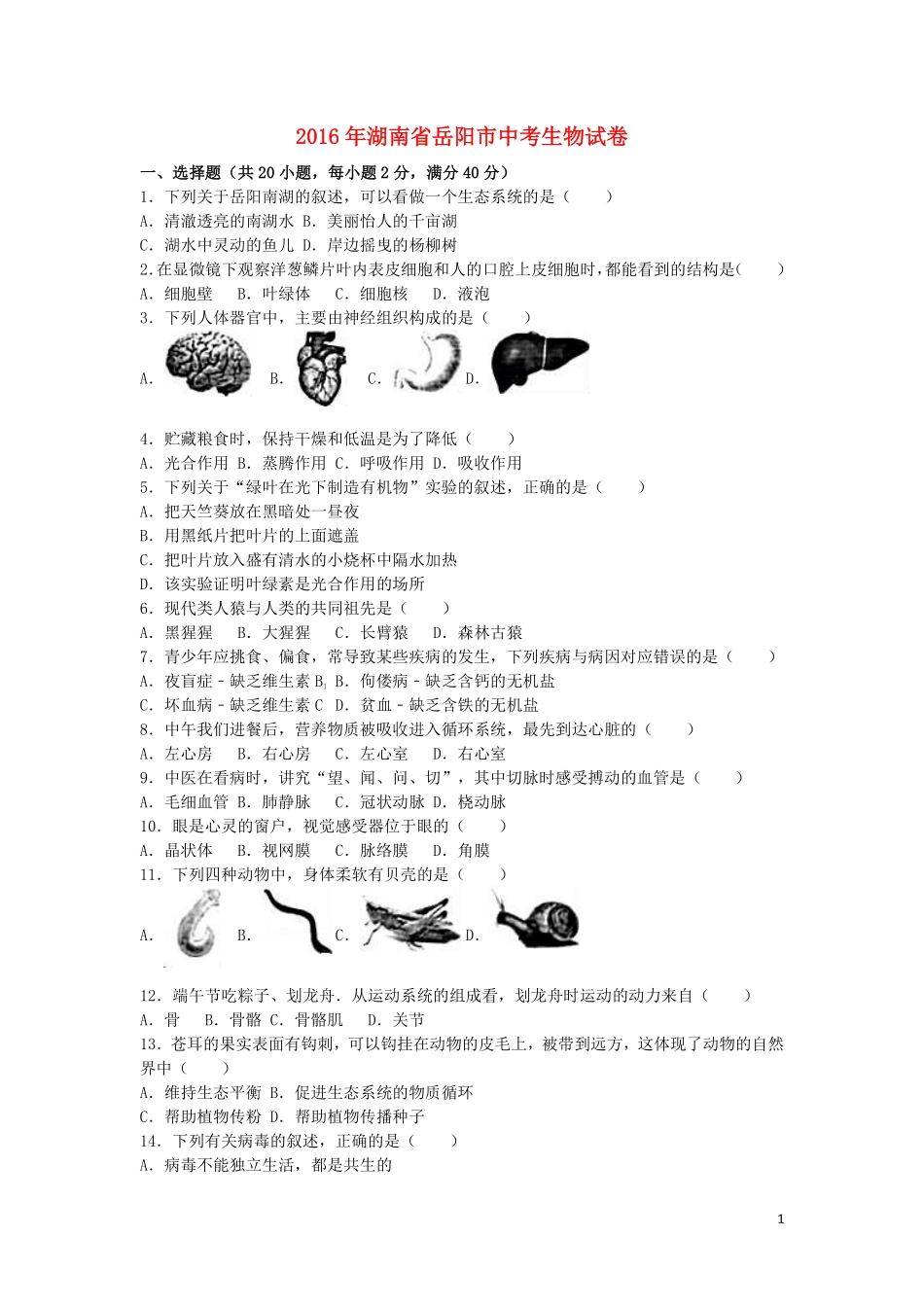 湖南省岳阳市2016年中考生物真题试题（含解析）.pdf_第1页