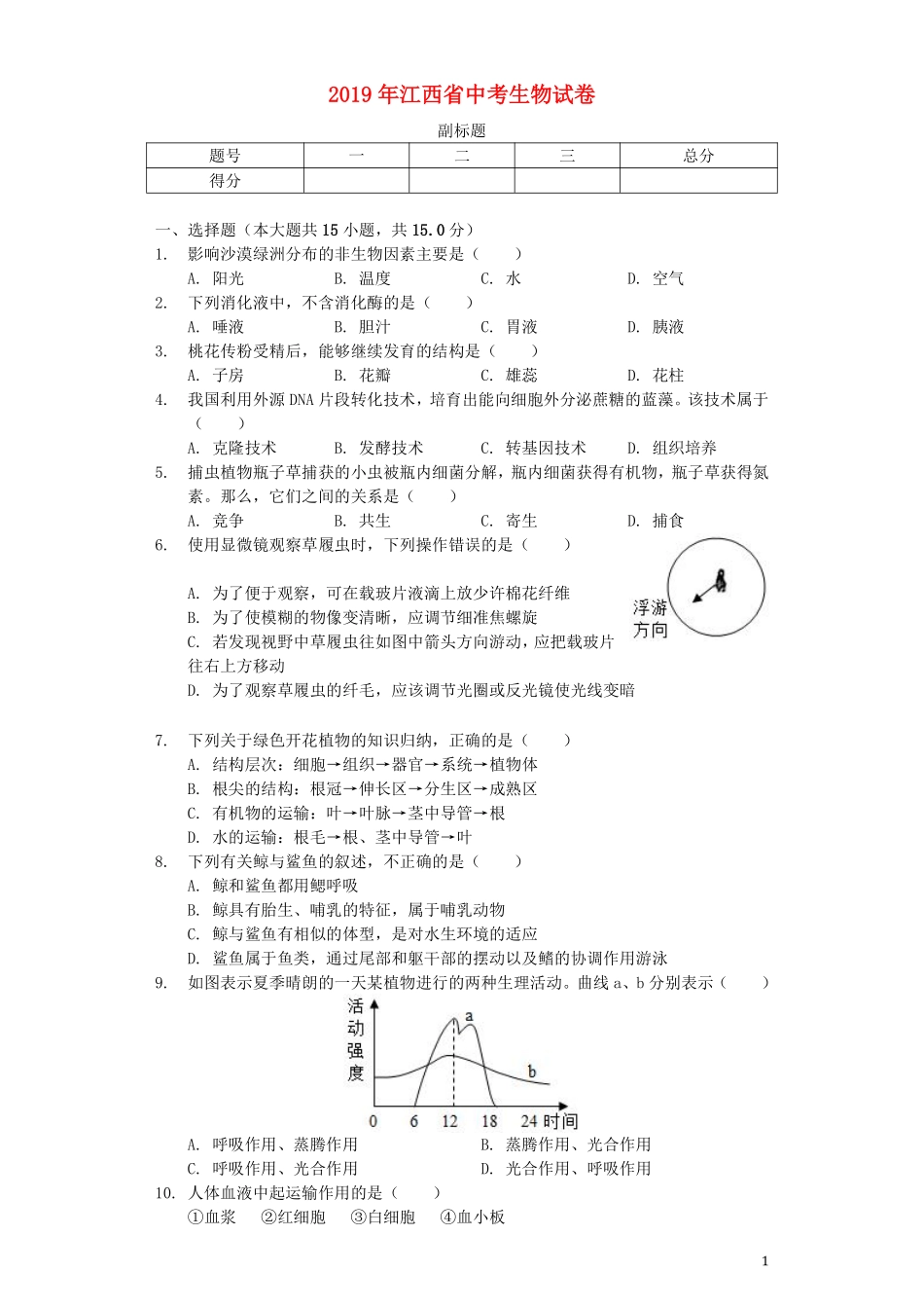 江西省2019年中考生物真题试题（含解析）.pdf_第1页