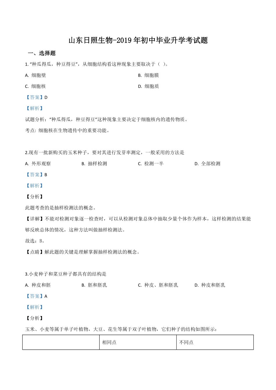 精品解析：2019年山东日照中考生物试题（解析版）.pdf_第1页