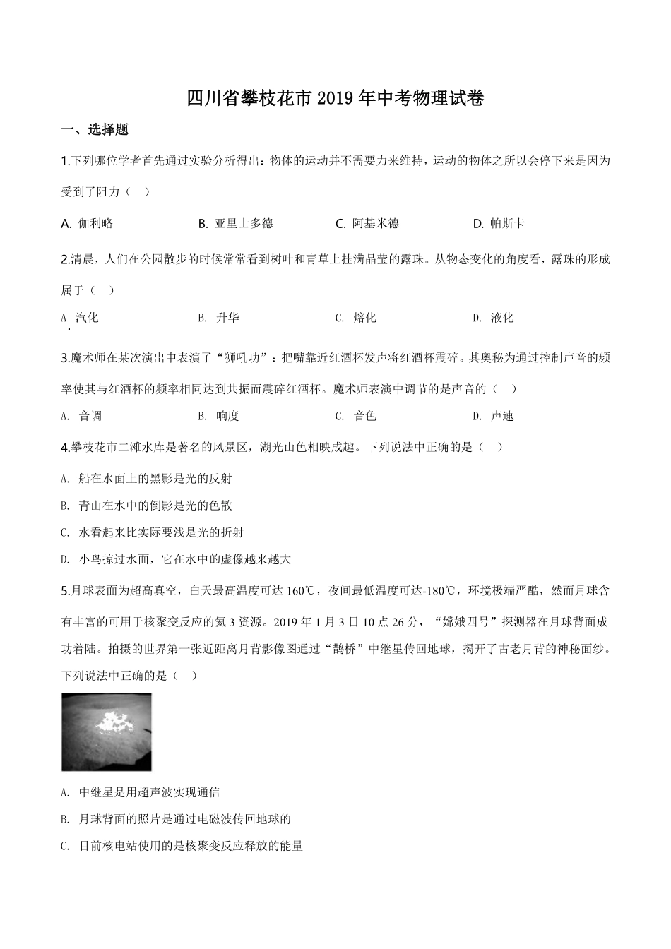 精品解析：2019年四川省攀枝花市中考物理试题（原卷版）.pdf_第1页