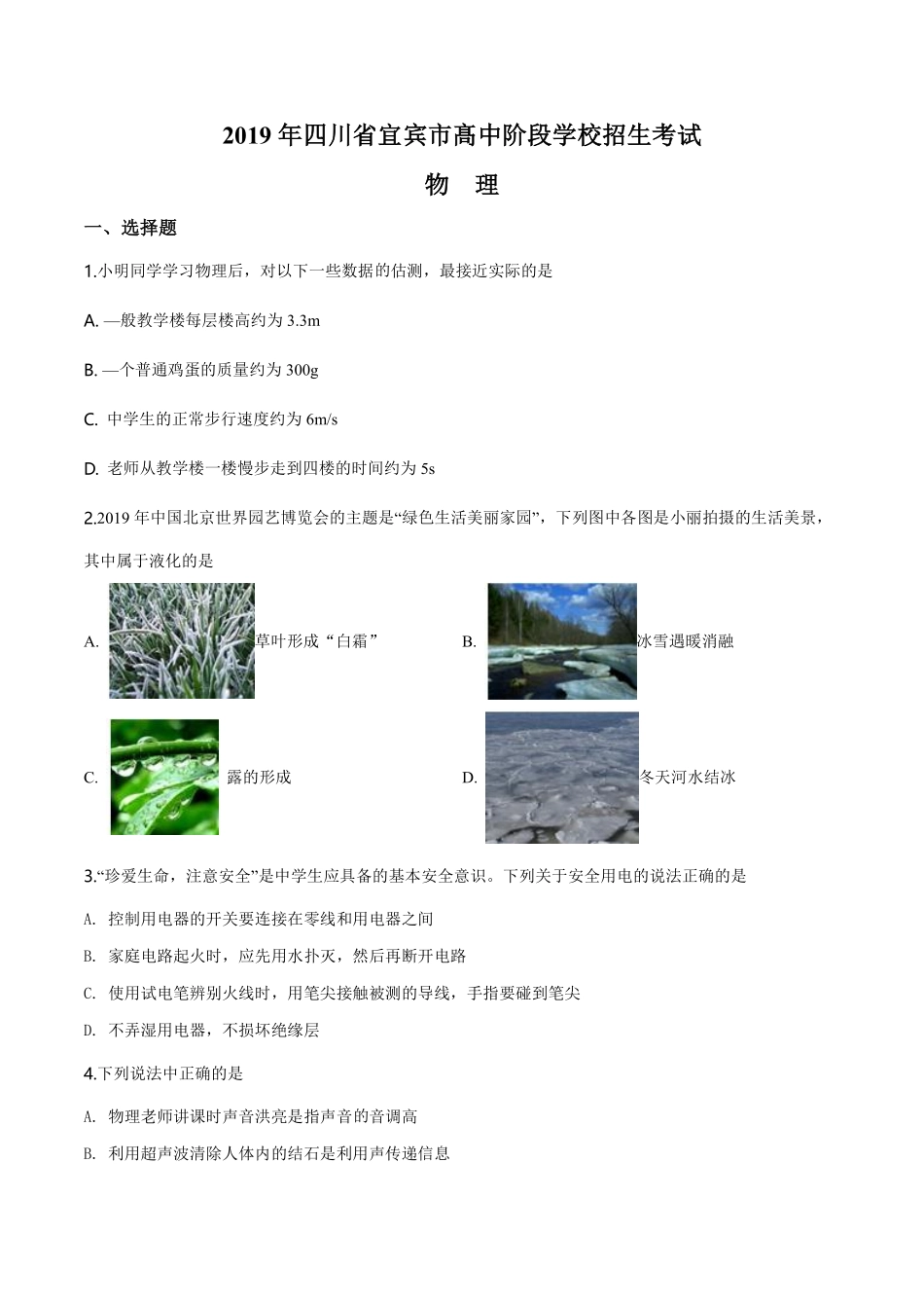 精品解析：2019年四川省宜宾市中考物理试题（原卷版）.pdf_第1页