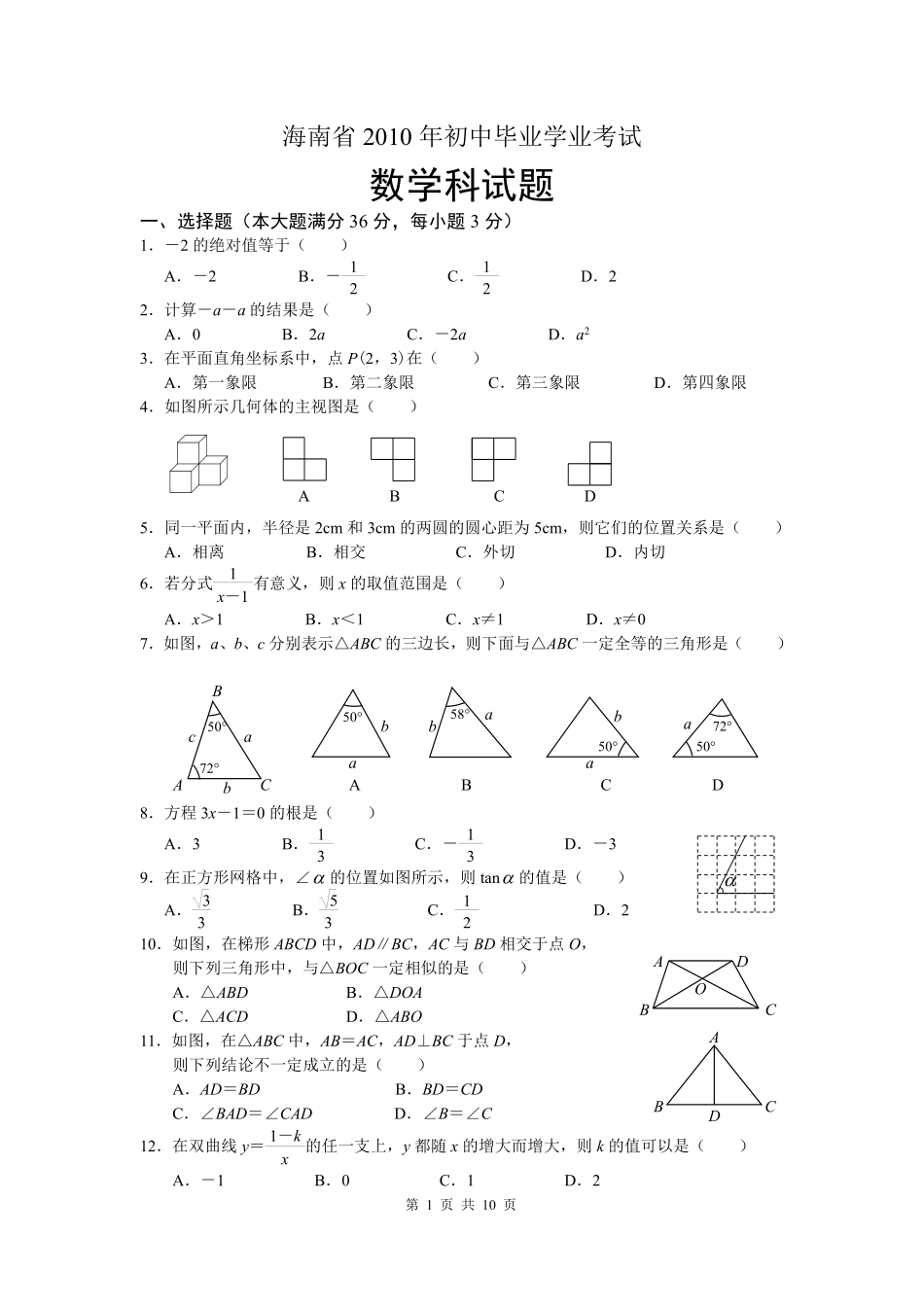 2010年海南中考数学试题及答案.pdf_第1页