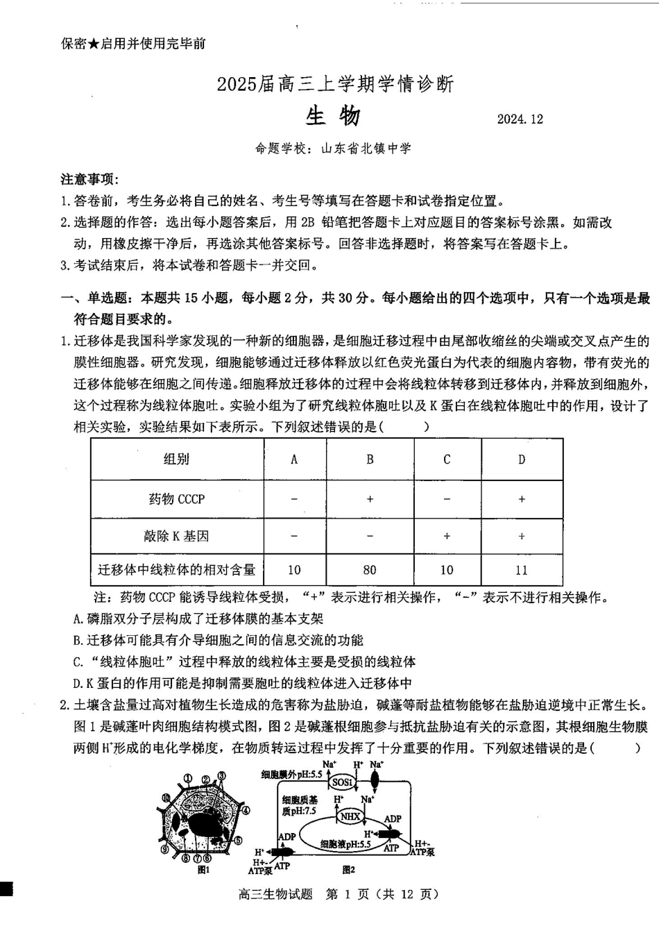 山东中学联盟2025届高三12月百校大联考生物试题.pdf_第1页