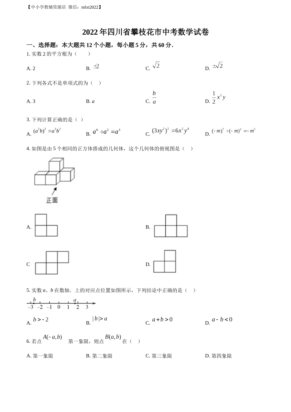 精品解析：2022年四川省攀枝花市中考数学真题（原卷版）.docx_第1页