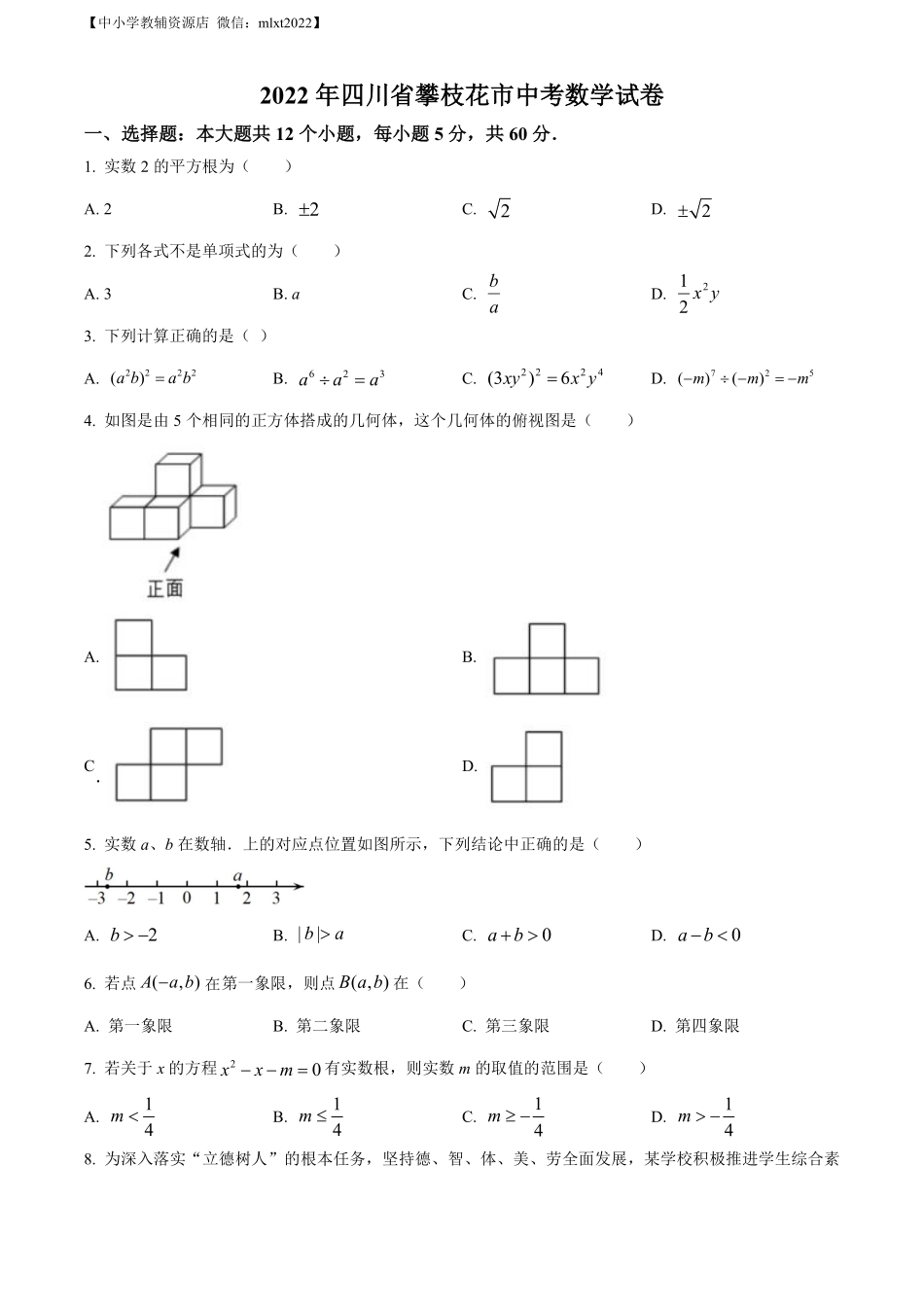 精品解析：2022年四川省攀枝花市中考数学真题（原卷版）.pdf_第1页