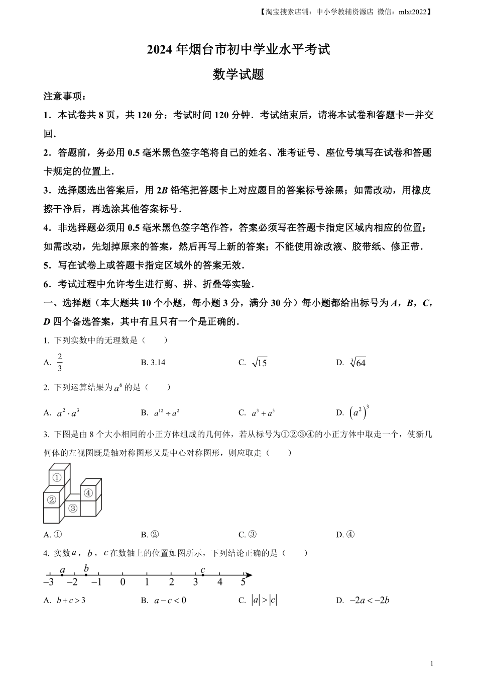 精品解析：2024年山东省烟台市中考数学试题（原卷版）.pdf_第1页