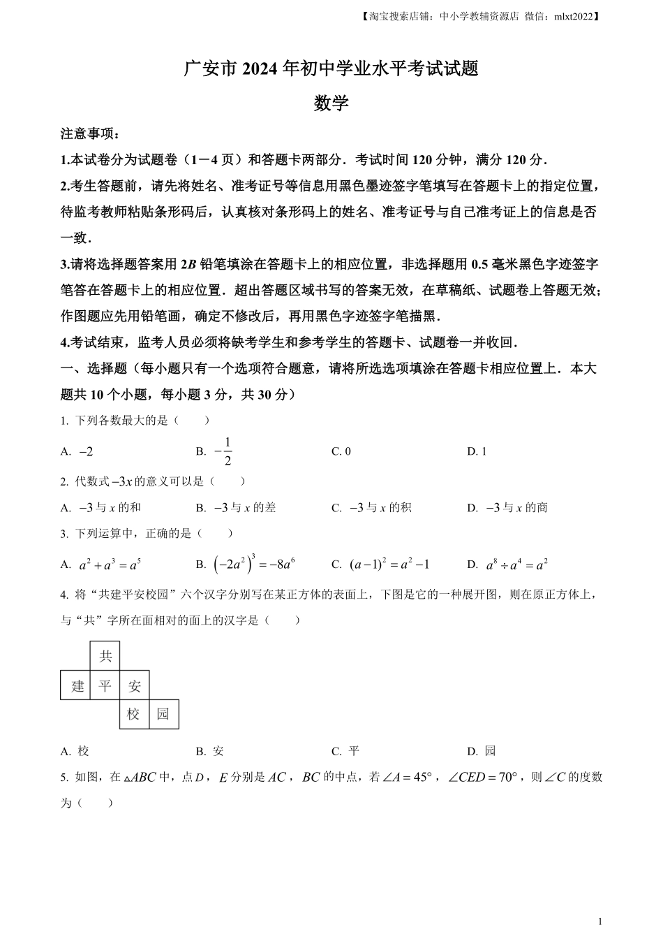 精品解析：2024年四川省广安市中考数学试题（原卷版）.pdf_第1页