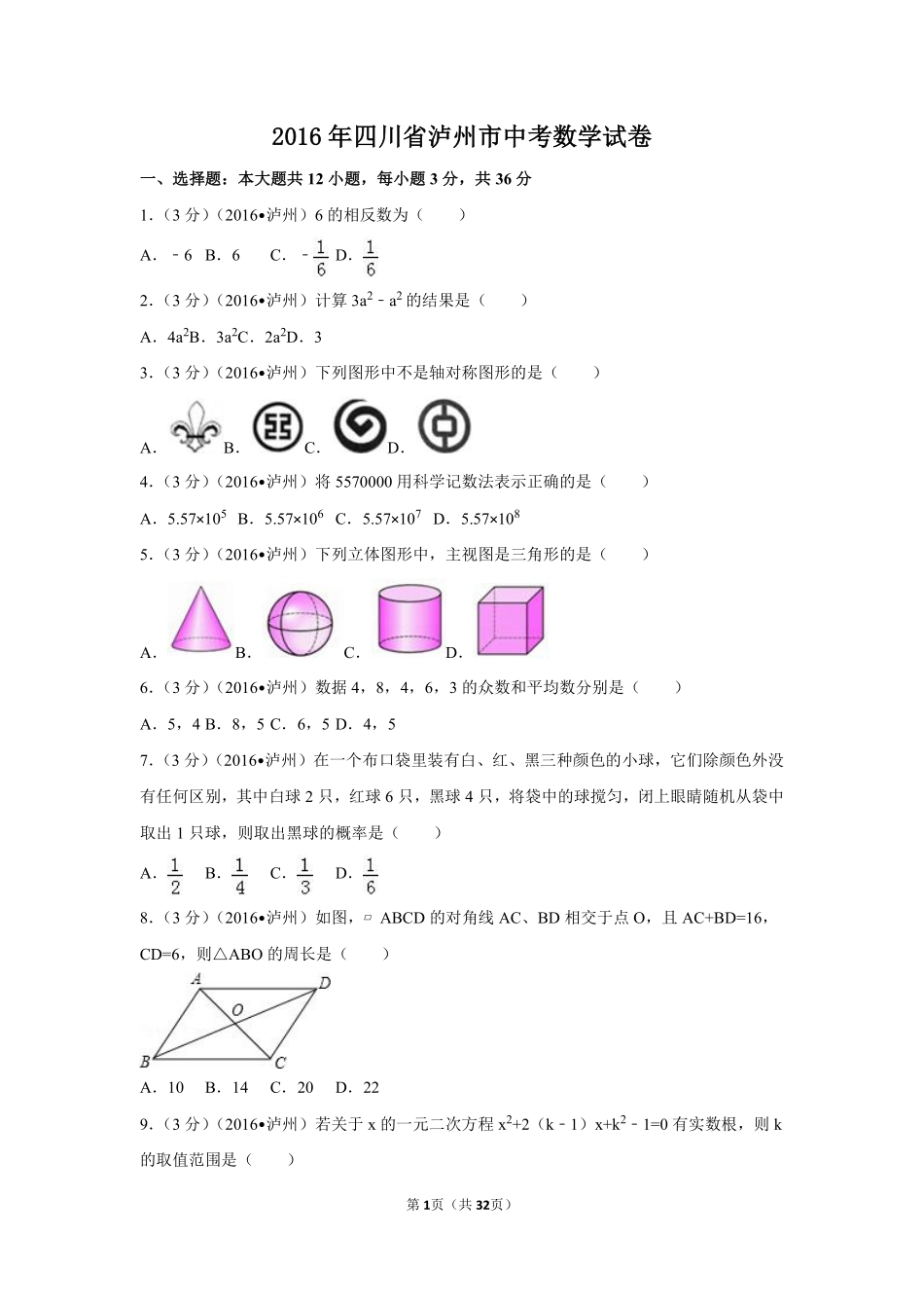 2016年四川省泸州市中考数学试卷（含解析版）.pdf_第1页