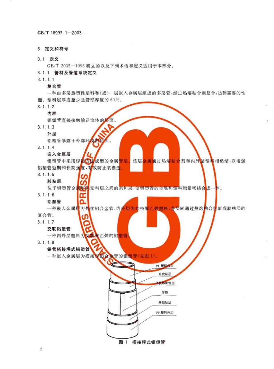 GB18997.1-2003 铝塑复合压力管 第1部分 铝管搭接焊式铝塑管.pdf_第1页