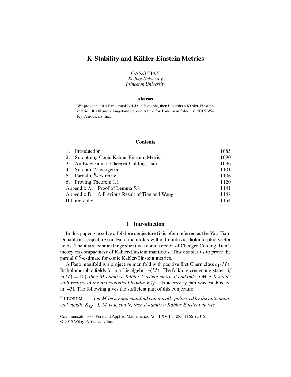 K稳定与爱因斯坦度量 K-Stability and Kähler-Einstein Metrics Tian-2015-Communications_on_P.pdf_第1页