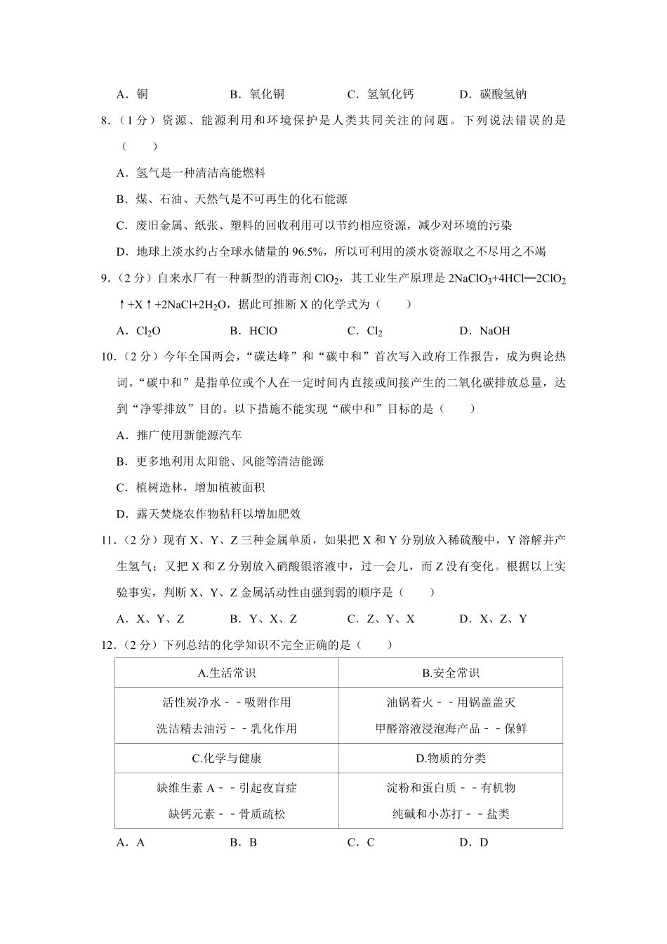 【淘宝店：品优教学】2021年青海省中考化学试卷（省卷）【原卷版】.pdf_第2页