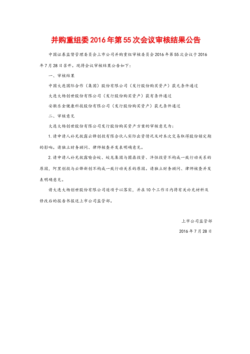 并购重组委2016年第55次会议审核结果公告.docx_第1页