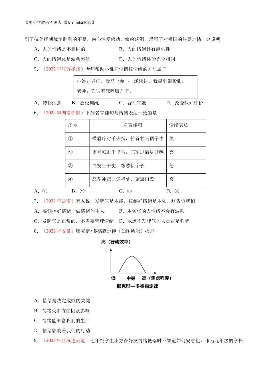 专题06  做情绪情感的主人（第01期）-2022年中考道德与法治真题分项汇编（全国通用）（原卷版）.docx_第2页