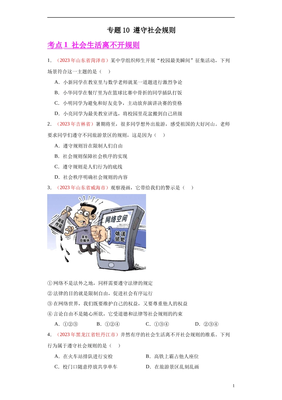 专题10 遵守社会规则（原卷版）.docx_第1页