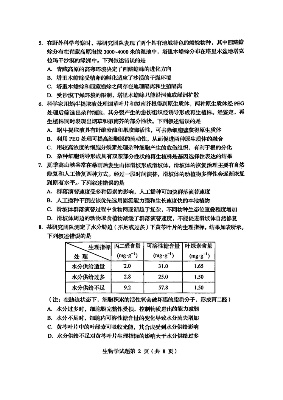 2025年1月四川省普通高等学校招生考试适应性测试（八省联考）生物（四川）.pdf_第2页