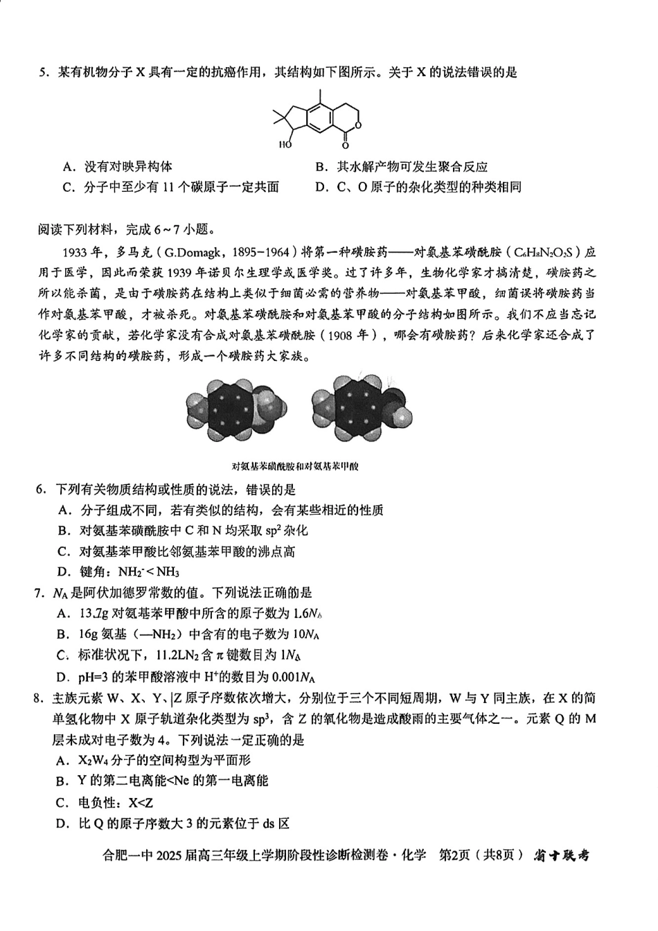 安徽省十联考合肥市第一中学等校2025届高三上学期阶段性诊断检测化学.pdf_第2页