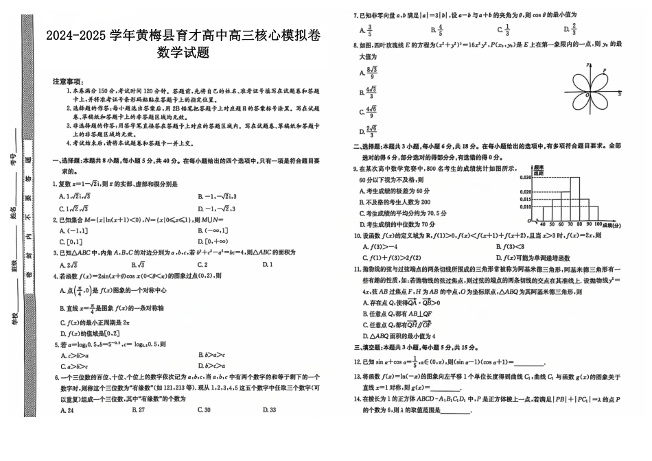 湖北省黄冈市黄梅县育才高级中学2024-2025学年高三核心模拟预测数学试题.pdf_第1页