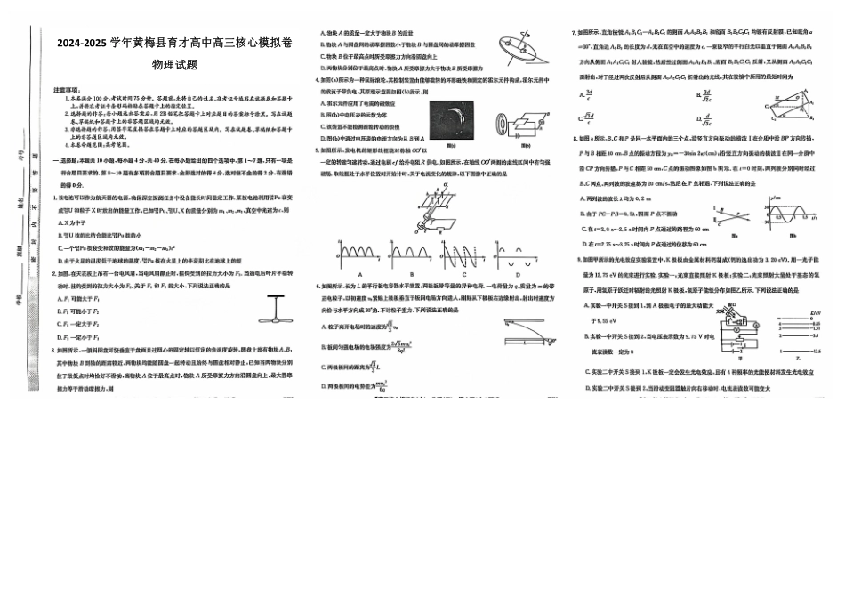 湖北省黄冈市黄梅县育才高级中学2024-2025学年高三核心模拟预测物理试题.pdf_第1页